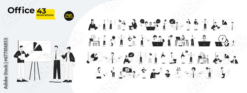 Multi-ethnic office workers black and white cartoon flat illustration bundle. Co-workers diverse adults 2D lineart characters isolated. Teamwork colleagues monochrome vector outline image collection