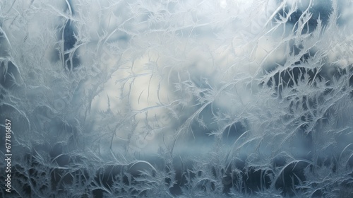  a close up of a frosted window with a sky in the back ground and trees in the back ground.