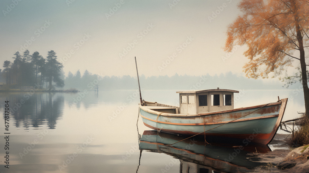 Charming Old Fishing Boat Docked by a Quiet Lakeside, Enhanced with Soft and Muted Tones to Evoke a Nostalgic and Tranquil Atmosphere