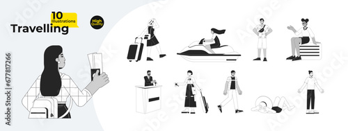 Multicultural tourists travelers black and white cartoon flat illustration bundle. Summer adventure people 2D lineart characters isolated. Vacationers monochrome vector outline image collection