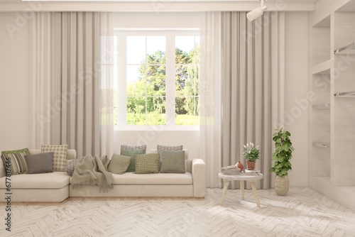 Contemporary classic white interior with furniture and decor and summer landscape in window. Scandinavian interior design. 3D illustration