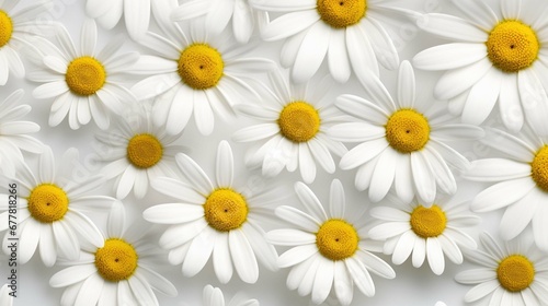 Bright chamomile daisy flower bud and stems pattern on white background. Aesthetic summer flower texture background © Areesha