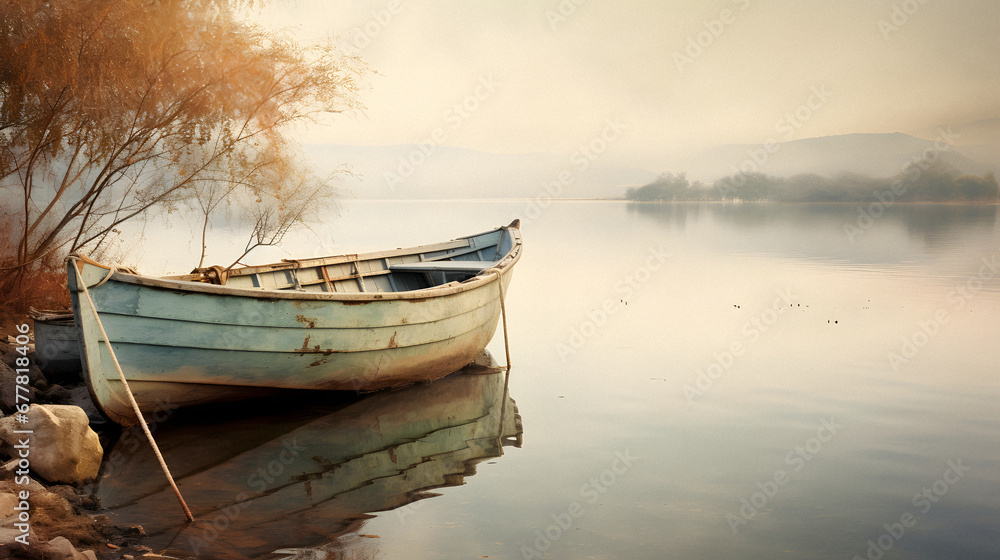 Charming Old Fishing Boat Docked by a Quiet Lakeside, Enhanced with Soft and Muted Tones to Evoke a Nostalgic and Tranquil Atmosphere Charming Old Fishing Boat Docked by a Quiet Lakeside, Enhanced with Soft and Muted Tones to Evoke a Nostalgic and Tranquil Atmosphere