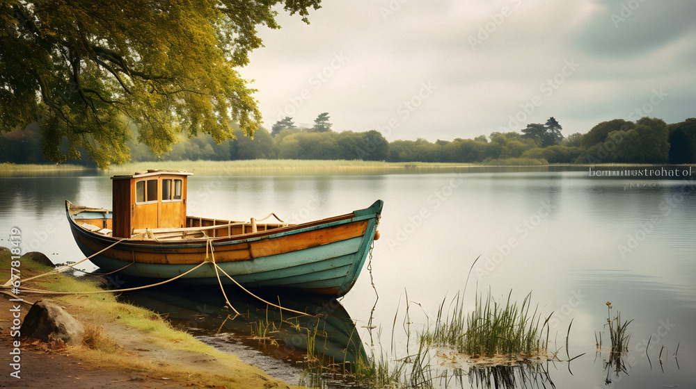 Charming Old Fishing Boat Docked by a Quiet Lakeside, Enhanced with Soft and Muted Tones to Evoke a Nostalgic and Tranquil Atmosphere