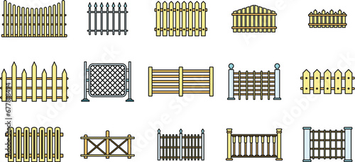 Garden fence icons set. Outline set of garden fence vector icons thin line color flat on white