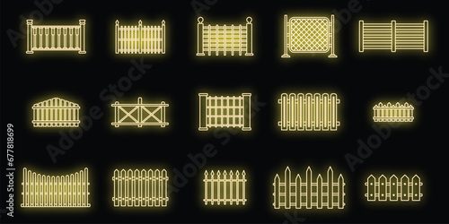 Garden fence icons set. Outline set of garden fence vector icons neon color on black