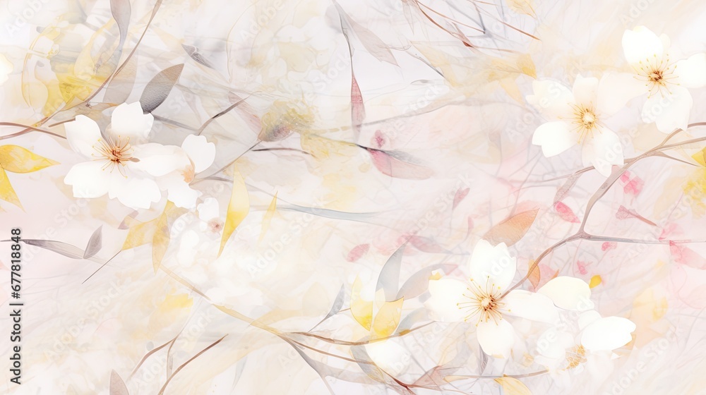  a painting of white and yellow flowers on a white and pink background with a light pink background and a light pink background.