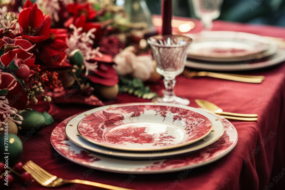 Festive dining table set for Christmas dinner. Holiday decorations, wine glasses and tableware. Generative AI