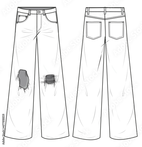 Ripped Wide Leg Denim Jeans Front and Back View. Fashion Illustration, Vector, CAD, Technical Drawing, Flat Drawing, Template, Mockup.