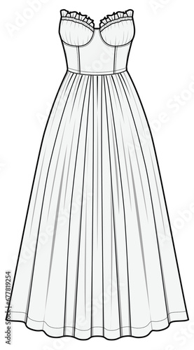 Tube Corset Bustier Flared Maxi Dress  Fashion Flat Sketch Vector Illustration, CAD, Technical Drawing, Flat Drawing, Template, Mockup.