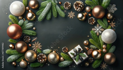 Christmas scene featuring wreath design with elegant gold and white ornaments  pine cones  and frosted greenery. Generative AI.