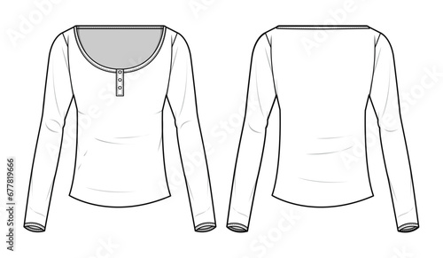 Women’s U-Neck Solid Long Sleeve Henley Button Down Slim Fit T-Shirts Top Front and Back View. Fashion Illustration, Vector, CAD, Technical Drawing, Flat Drawing, Template, Mockup.