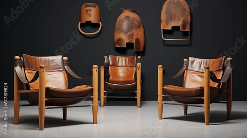 Kleiman leather 'tsar chairs', African design, in the style of realist fine details, light brown and navy, arbitrate fir kunst, unpolished authenticity, voigtlander brilliant, camera Lucida photo