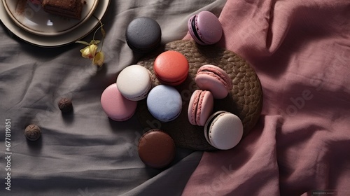  a plate topped with macaroons next to a plate with a piece of cake on top of a bed.