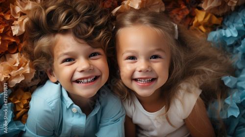 cheerful children, boy and girl on a colored background in the studio, brother and sister, child, kid, toddler, childhood, portrait, face, emotional, expression, joy, friends, happiness, baby, clothes