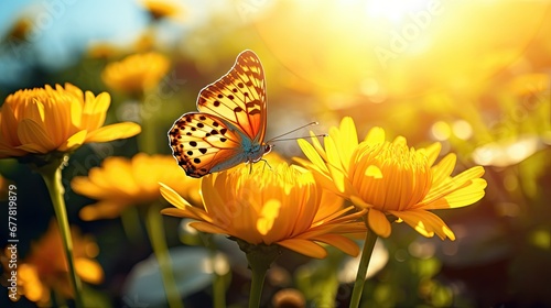 Beautiful image in nature of monarch butterfly on lantana flower on bright sunny day photo