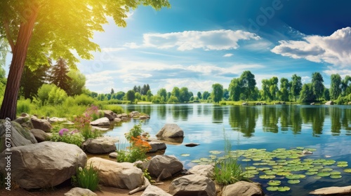 Beautiful colorful summer spring landscape with a lake in Park with many trees and stones in foreground. Panorama