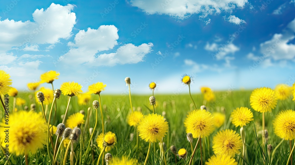Beautiful flowers of yellow dandelions in warm summer. Spring, nature and green background