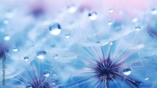 Beautiful dew drops on dandelion plant, blue violet color background