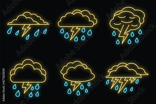 Weather thunderstorm icons set. Outline set of weather thunderstorm vector icons neon color on black