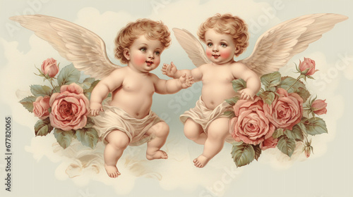 Baby angels flying in the rose bushes. Retro style postcard for Valentine's Day. 
