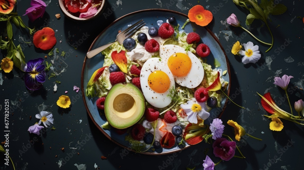 a plate of food with eggs, fruit, and flowers on a black surface with a fork and knife next to it. a plate of food with eggs, fruit, and flowers on a black surface with a fork and knife next to it.
