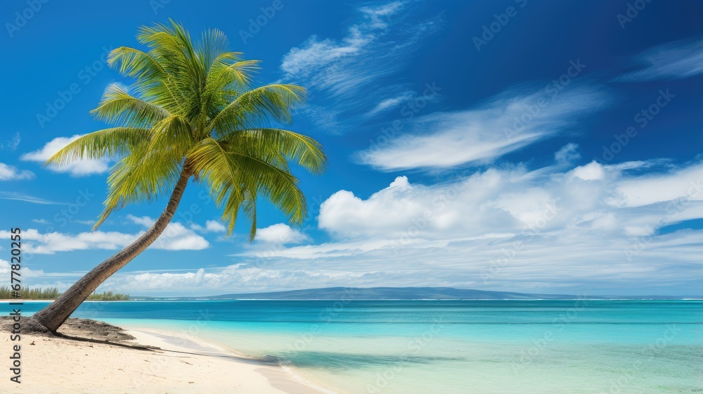 Beautiful palm tree on tropical island beach on background blue sky with white clouds and turquoise ocean on sunny day