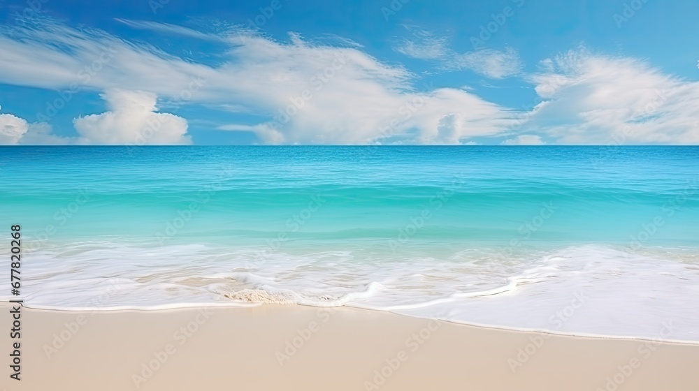 Beautiful seascape with sand and blue sky. Nature background.