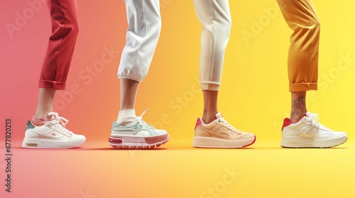Photos of women in stylish sneakers on different color backgrounds, collage design