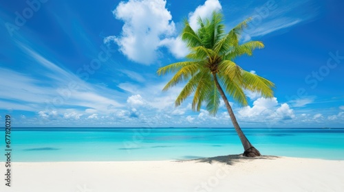 Beautiful palm tree on tropical island beach on background blue sky with white clouds and turquoise ocean on sunny day