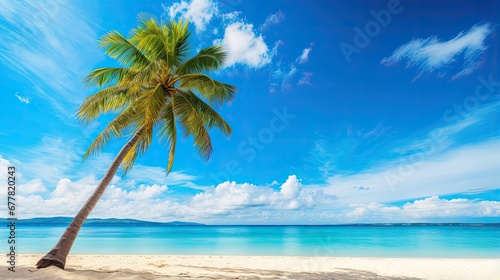Beautiful palm tree on tropical island beach on background blue sky with white clouds and turquoise ocean on sunny day photo