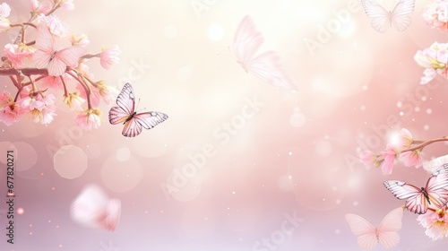 Beautiful pink cherry blossom with butterfly on blue sky background 