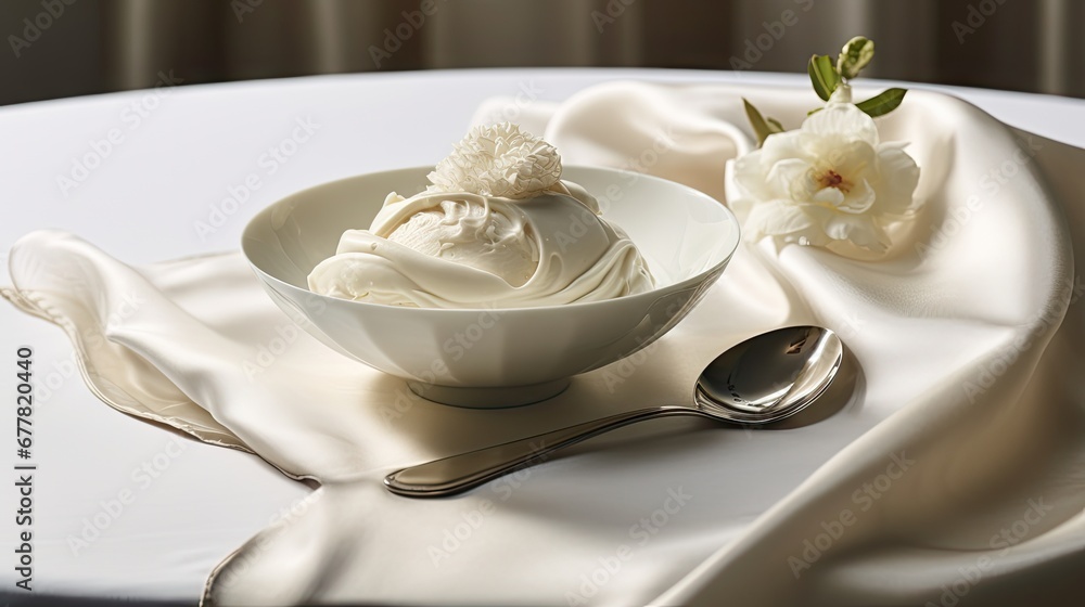 a bowl of ice cream and a spoon on a white table cloth with a white flower on top of it. a bowl of ice cream and a spoon on a white table cloth with a white flower on top of it.