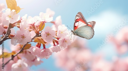 Branches of blossoming cherry against background cool color design 