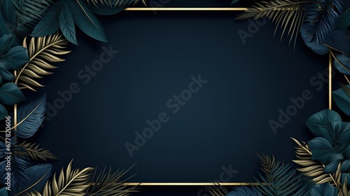 Dark background frame with tropical leaves and flowers adorned with golden highlights 
