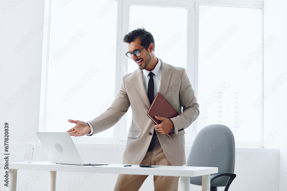 Businessman man laptop suit technology job office happy business occupation winner