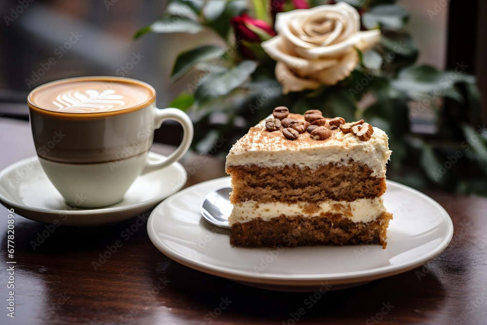 a cup of delicious coffee And a PIECE of cake on the table in a cozy city cafe