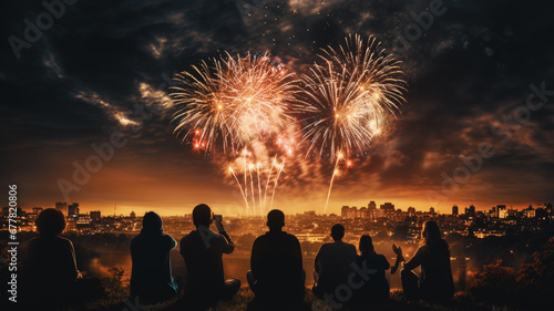 Firework explosion in the night sky celebrating happy new year 2024 . National firework shooting in the beautiful sky for a new year day of year 2024 .