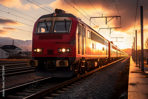  long-distance passenger train is traveling at speed in the rays of setting sun