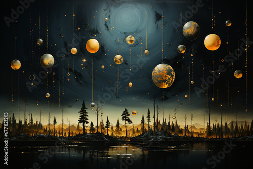 States of mind, astrology, cosmos, astronomy concept. Abstract and surreal astronomy and astrology illustration with moon and planets. Tiny ornate detailed background with copy space © Rytis