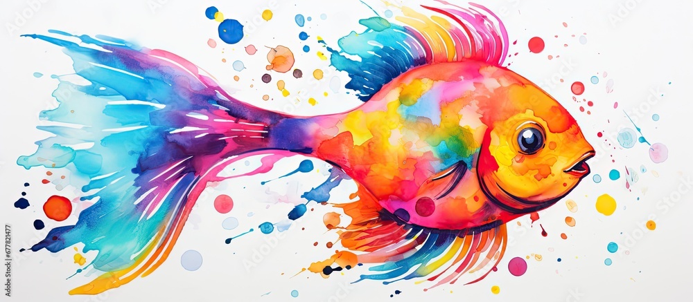 At school the child happily grabbed the brush and dipped it into the vibrant watercolor paint creating a colorful cartoon fish on the paper showcasing their creative and artistic abilities