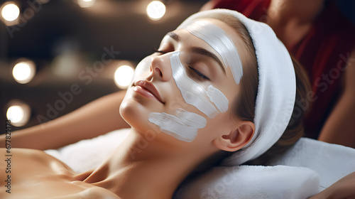 Young woman with a facial mask in a beauty or aesthetic salon undergoing a treatment to have fine, young and wrinkle-free skin.