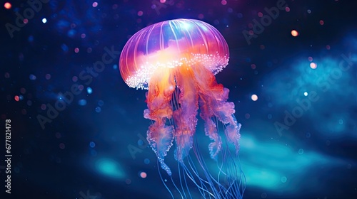  a close up of a jellyfish in a blue and purple background with a blurry sky in the background.