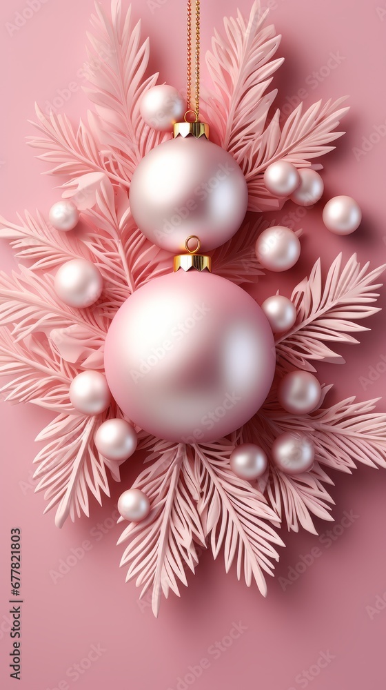 Christmas tree balls and snowflakes on pink background, winter holidays design Christmas tree balls and snowflakes on pink background, winter holidays design