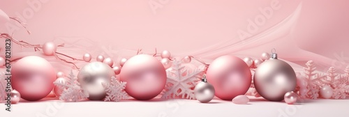 Christmas tree balls and snowflakes on pink background, winter holidays design, banner