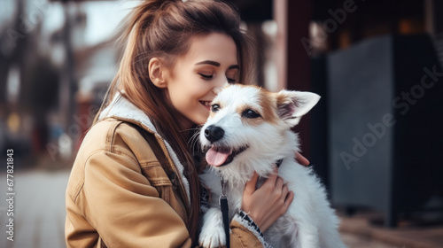 Beautiful young woman hugging with her jack russell terrier dog on street at autumn warm day