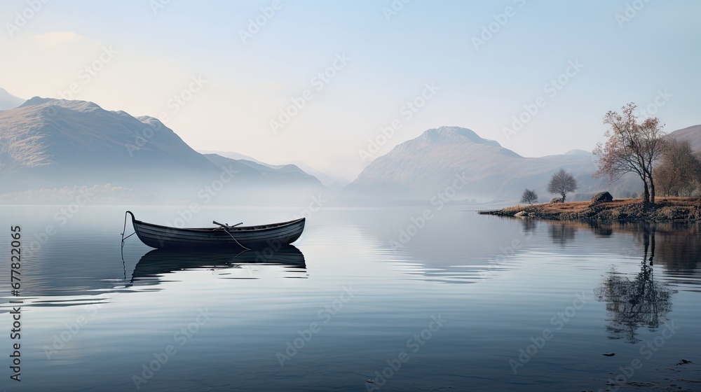  a boat floating on top of a body of water next to a lush green hillside covered in mist covered mountains.