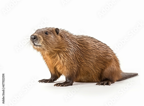 North American Beaver stands sideways and looking to camera - front view. Castor canadensis Isolated on a white background. Brown wild animal close up.