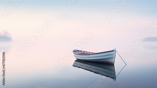  a small boat floating on top of a lake next to a small island in the middle of a foggy lake.