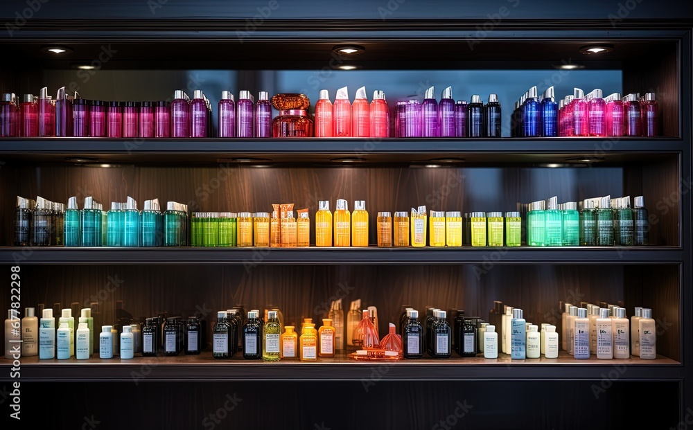 Colorful Hair Product Shelves with Vibrant Rainbow Gradient